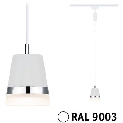 White pendant light with chrome ring hanging from the ceiling. Text: 'RAL 9003'.