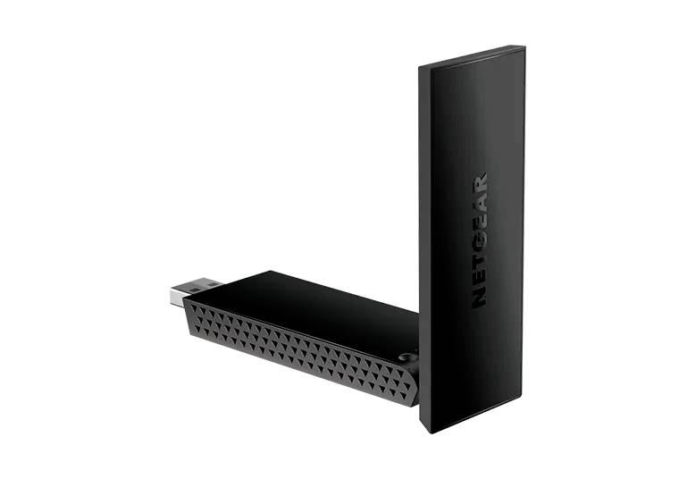 Black Netgear USB Wi-Fi Adapter, standing with angled antenna, suitable for wireless network connections.