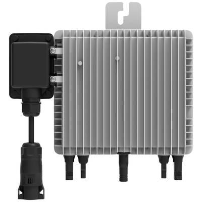 A grey electrical device with cooling fins, to which several cables and connectors are attached, is hanging from a metallic mounting bracket.
