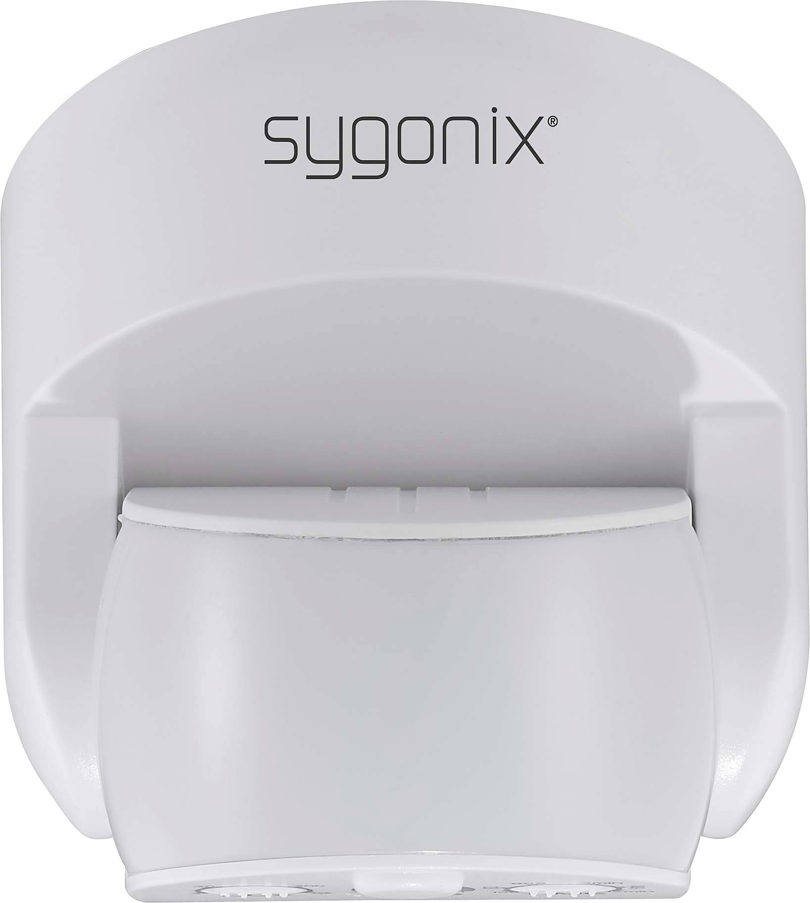 A white, wall-mounted motion sensor with the 'sygonix' label on its top surface.