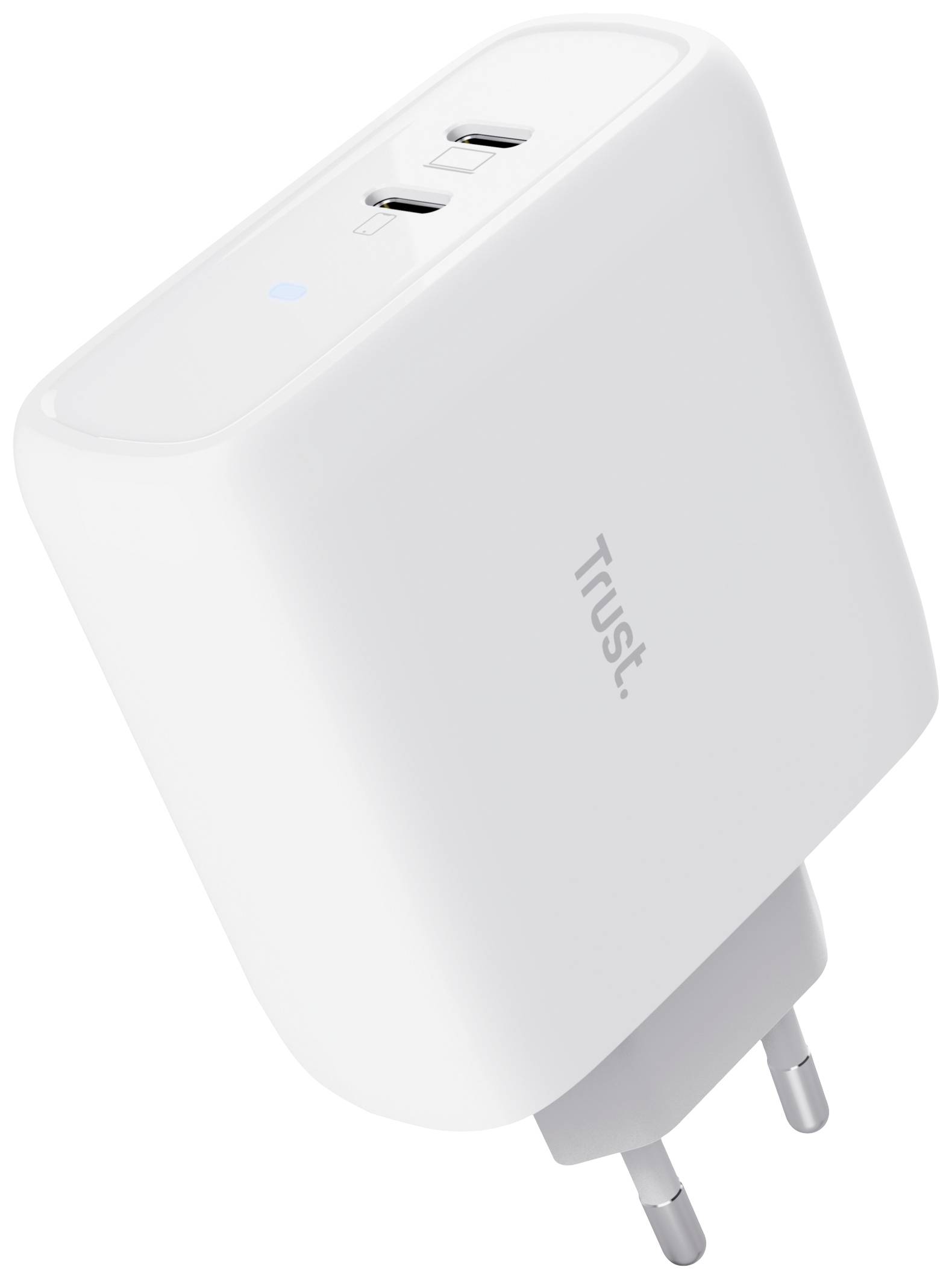 A white charger with two USB ports by Trust, European plug, with a slight backward tilt.