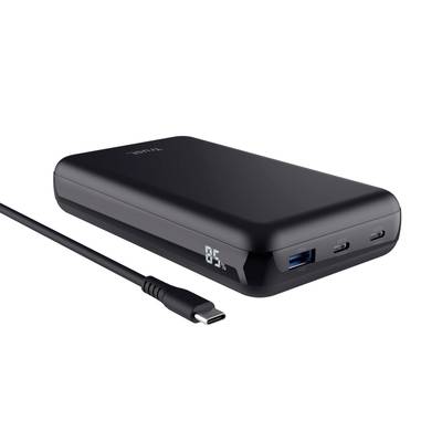 A black power bank with a USB cable. It features a digital display showing '85%' and three ports.