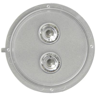 A silver round object with two small, glass lenses or buttons in the centre, against a neutral background.