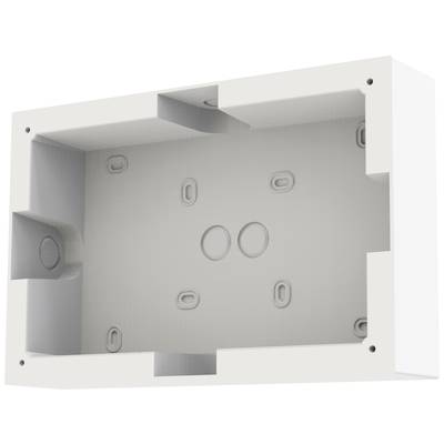 Rectangular white casing with round cut-outs for electrical installations, nailed at the corners.