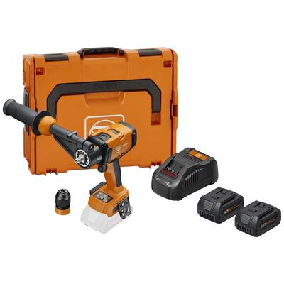 An orange cordless drill with handle, spare chuck, charger, two batteries and matching carry case.