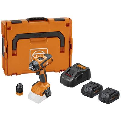 Cordless drill set with orange carry case, charger and two batteries.