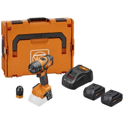 Cordless drill set with an orange-black drill, two batteries, charger, and orange carry case.