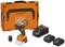 Cordless drill set with an orange-black drill, two batteries, charger, and orange carry case.