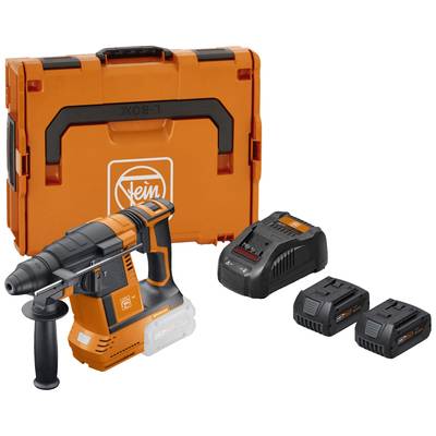 Cordless hammer drill with charger, two batteries and transport case, all in orange. Ideal for construction and renovation work.