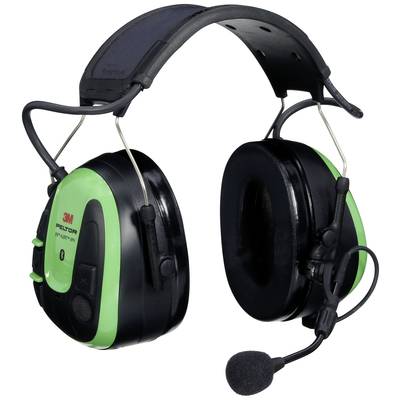 Black and green radio ear defenders with microphone, suitable for noise protection in loud environments. '3M PELTOR' brand name visible.