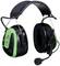 Black and green radio ear defenders with microphone, suitable for noise protection in loud environments. '3M PELTOR' brand name visible.