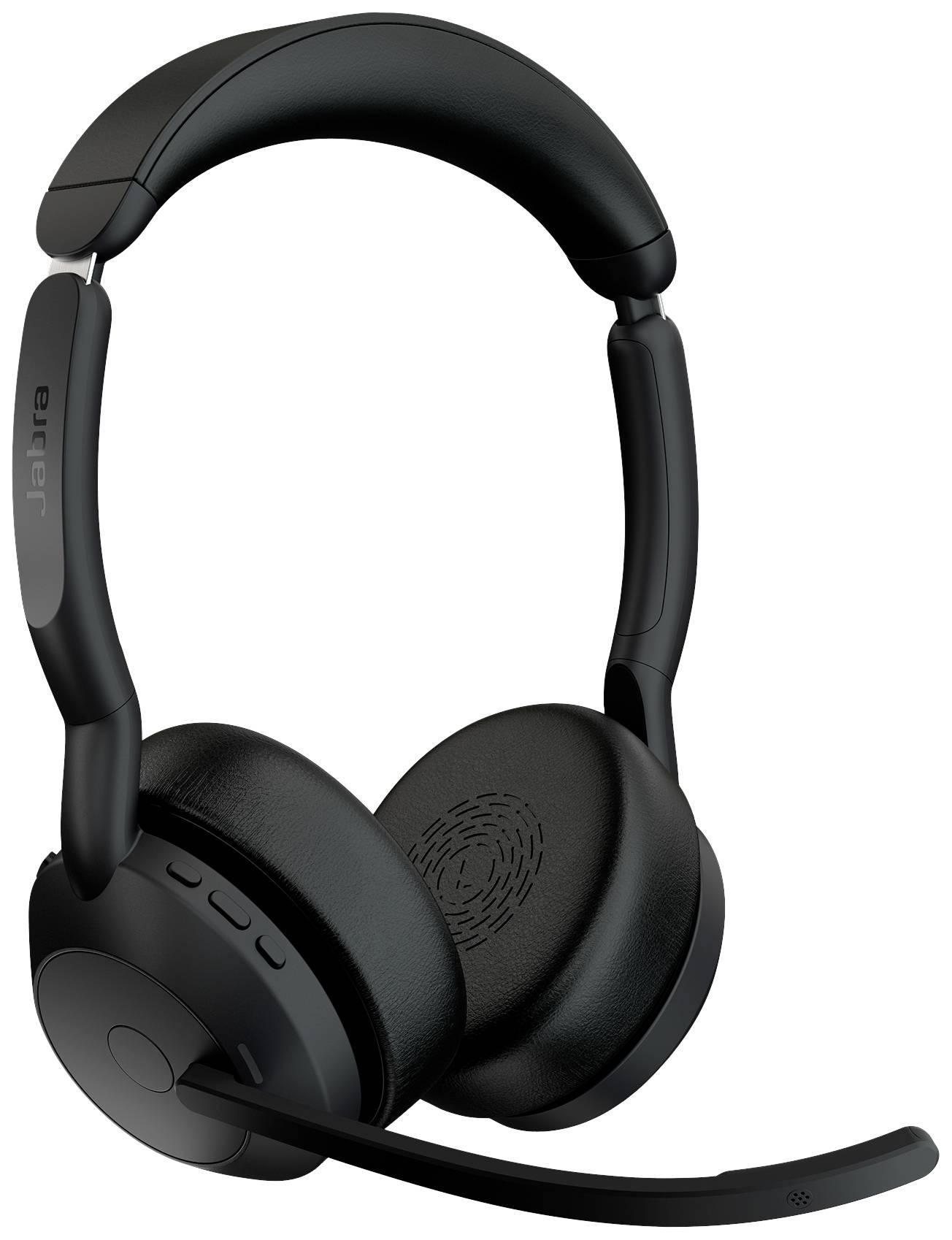Black wireless over-ear headset with microphone arm, ergonomic ear cups, and side control buttons. Suitable for telephone calls.