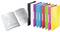 Seven colourful document folders are standing upright, next to an open handbook with visible text.