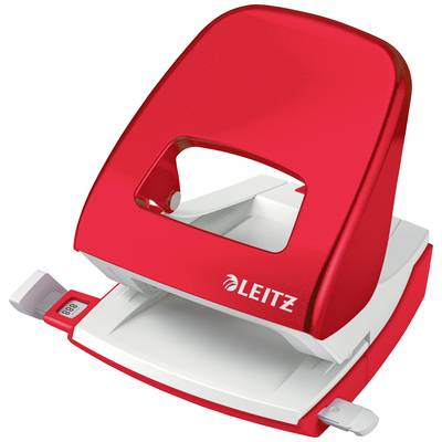 Red Leitz hole punch on a white background. Primarily used for punching holes in paper for lever arch files.