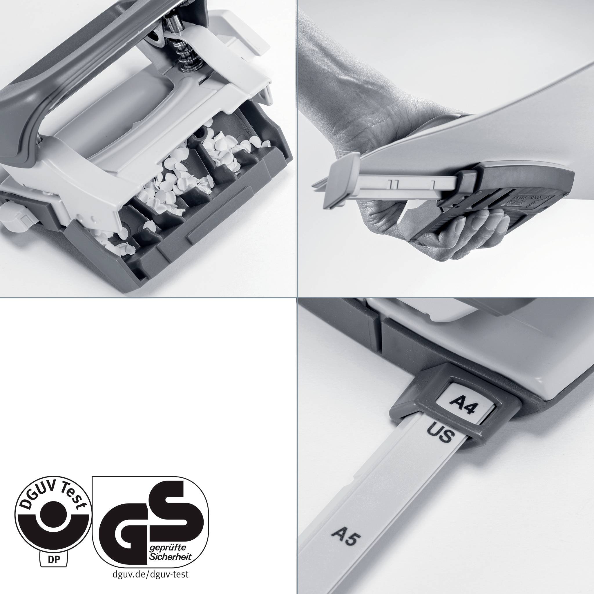The image shows a grey-white paper shredder cutting paper into strips. Bottom left: Test marks 'DGUV Test' and 'GS'.