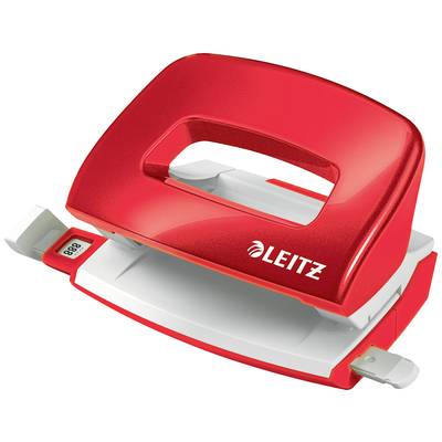A red Leitz hole punch, unfolded, lies on a white background.