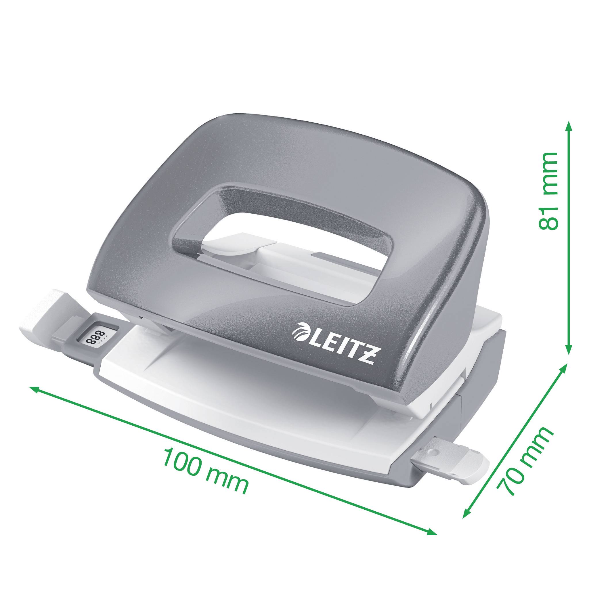 Hole punch by 'Leitz' with silver handle and measurements: 100 mm width, 70 mm depth, 81 mm height.