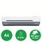 A laminating machine labelled 'Home A4'. Symbols below indicate that it lamintes sheets up to A4 size, takes 3 minutes to laminate, and requires 60 seconds to warm up.
