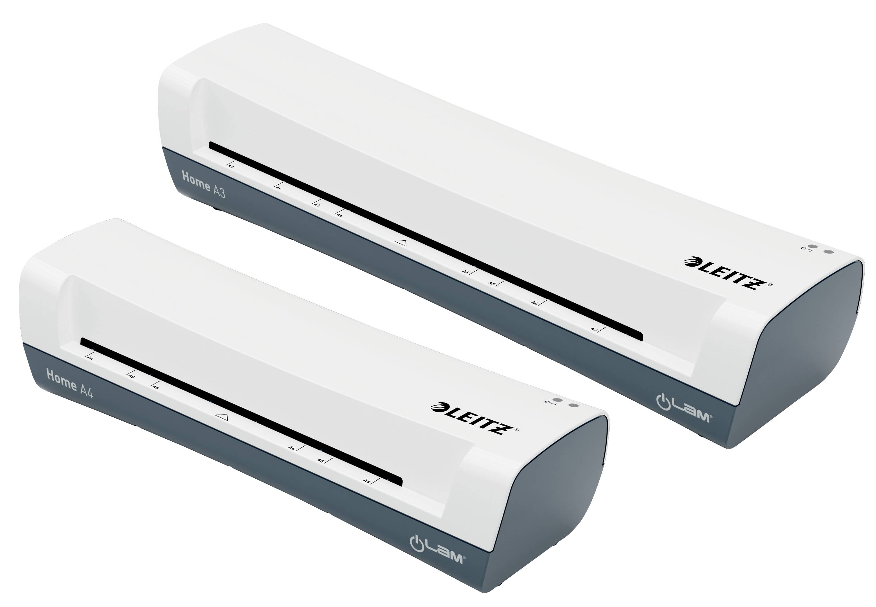 Two white laminating devices from the Leitz brand. One is labelled 'Home A4', the other 'Home A3'.