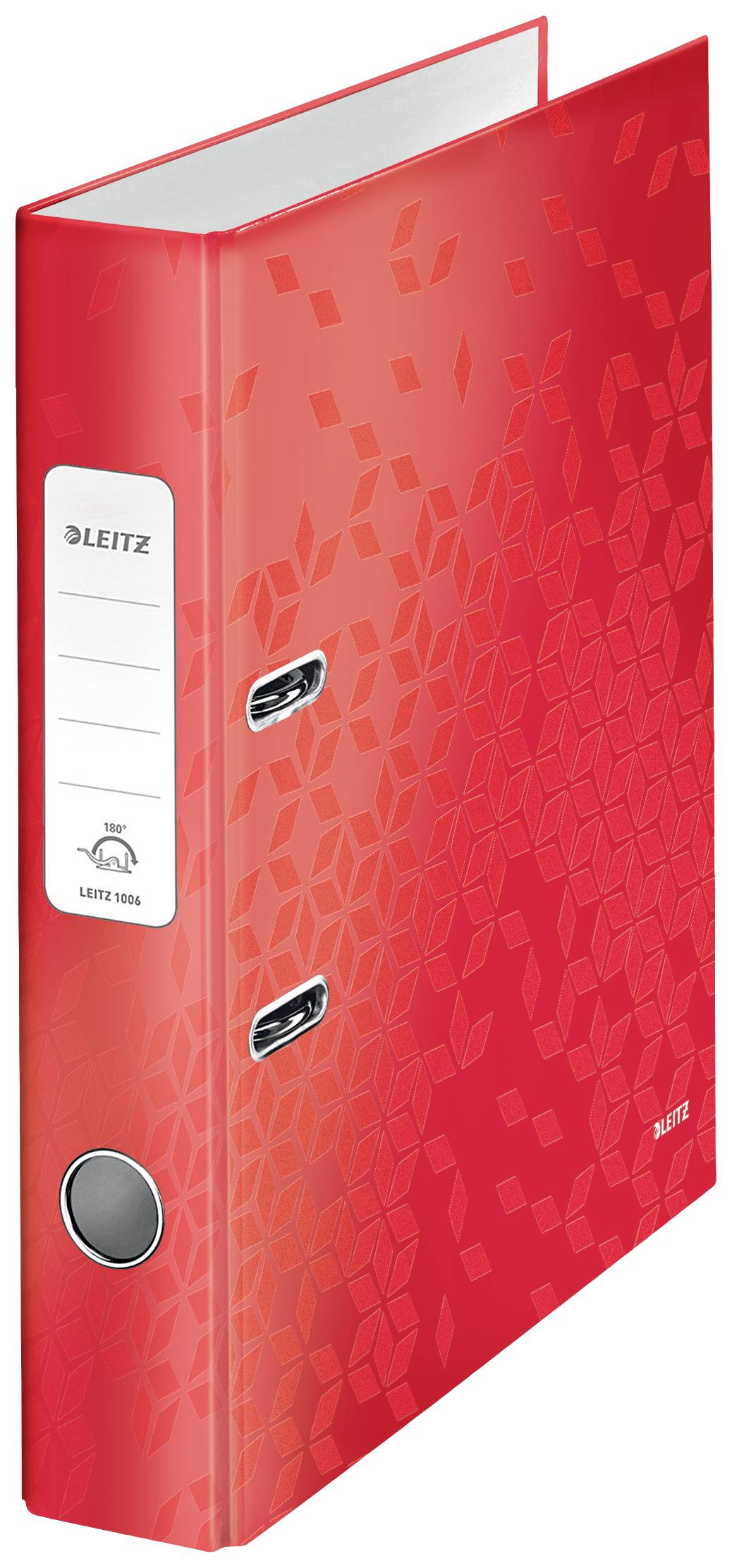 A red folder with patterns, two lever mechanisms and a labelling tag on the side. Suitable for filing documents.