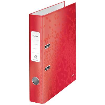 A red folder with patterns, two lever mechanisms and a labelling tag on the side. Suitable for filing documents.