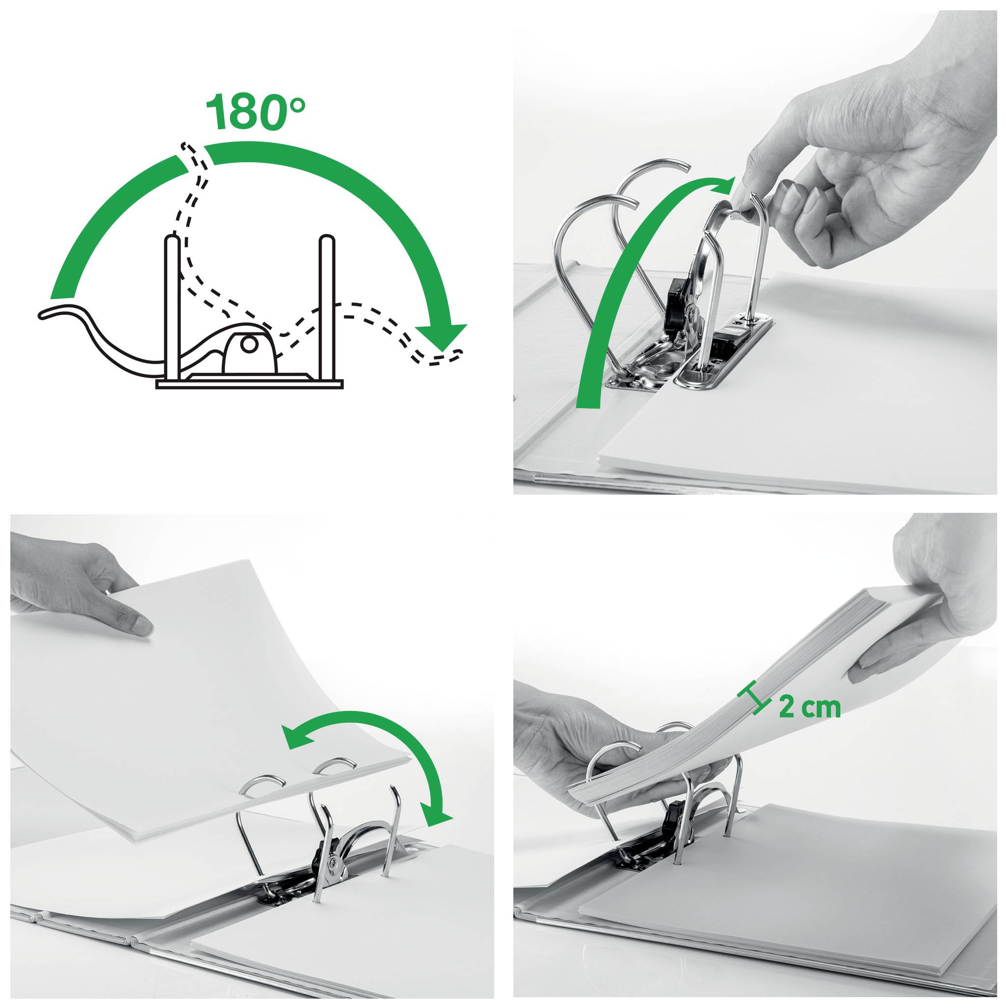 The folder can be opened 180 degrees. Top right: open with one finger. Middle and bottom left: easy page removal. Bottom right: 2 cm stack height.