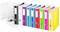 Eight colourful folders stand upright side by side, to the right of an open white folder. They are in various colours.