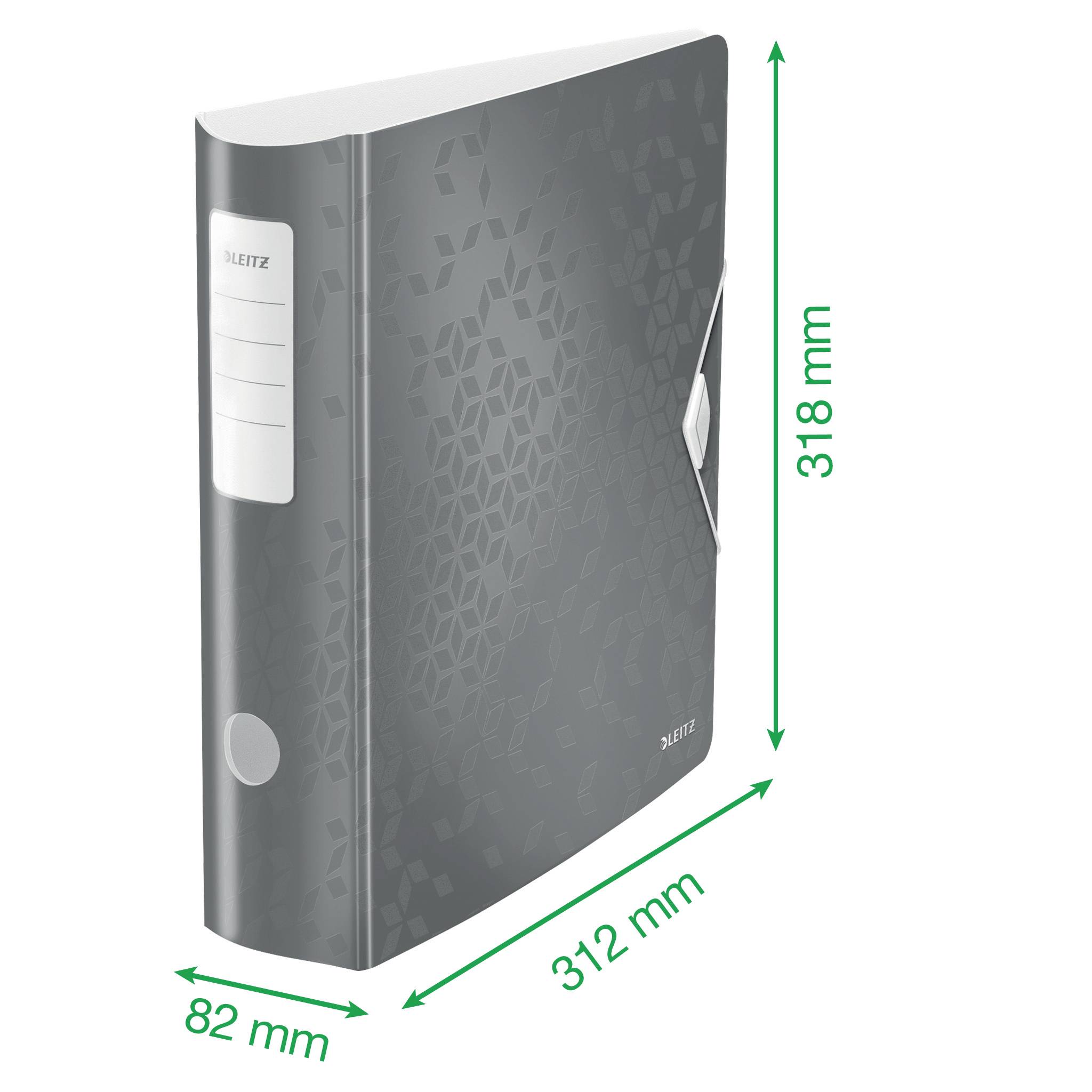 Dark Leitz ring binder with rounded edge, approximately 318 mm high and 312 mm wide, 82 mm deep. Decorative pattern on the front.
