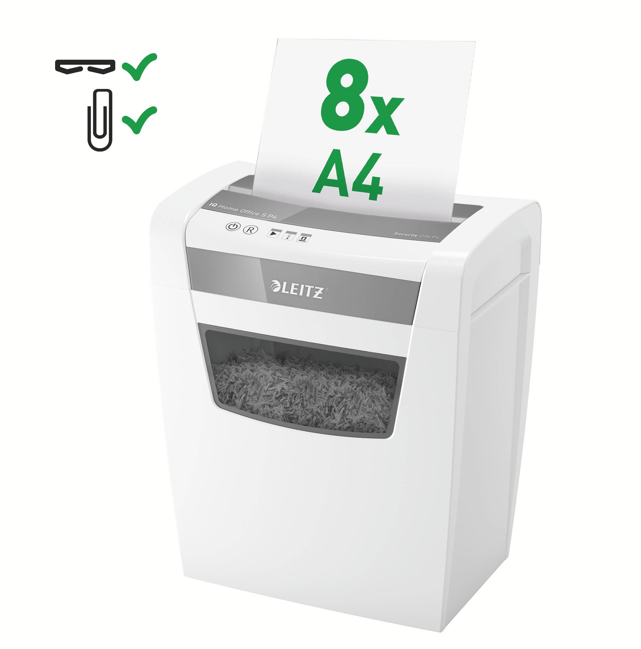 Paper shredder with a sheet being inserted into the slot. Symbols at the top indicate that staples and paperclips can be shredded.
