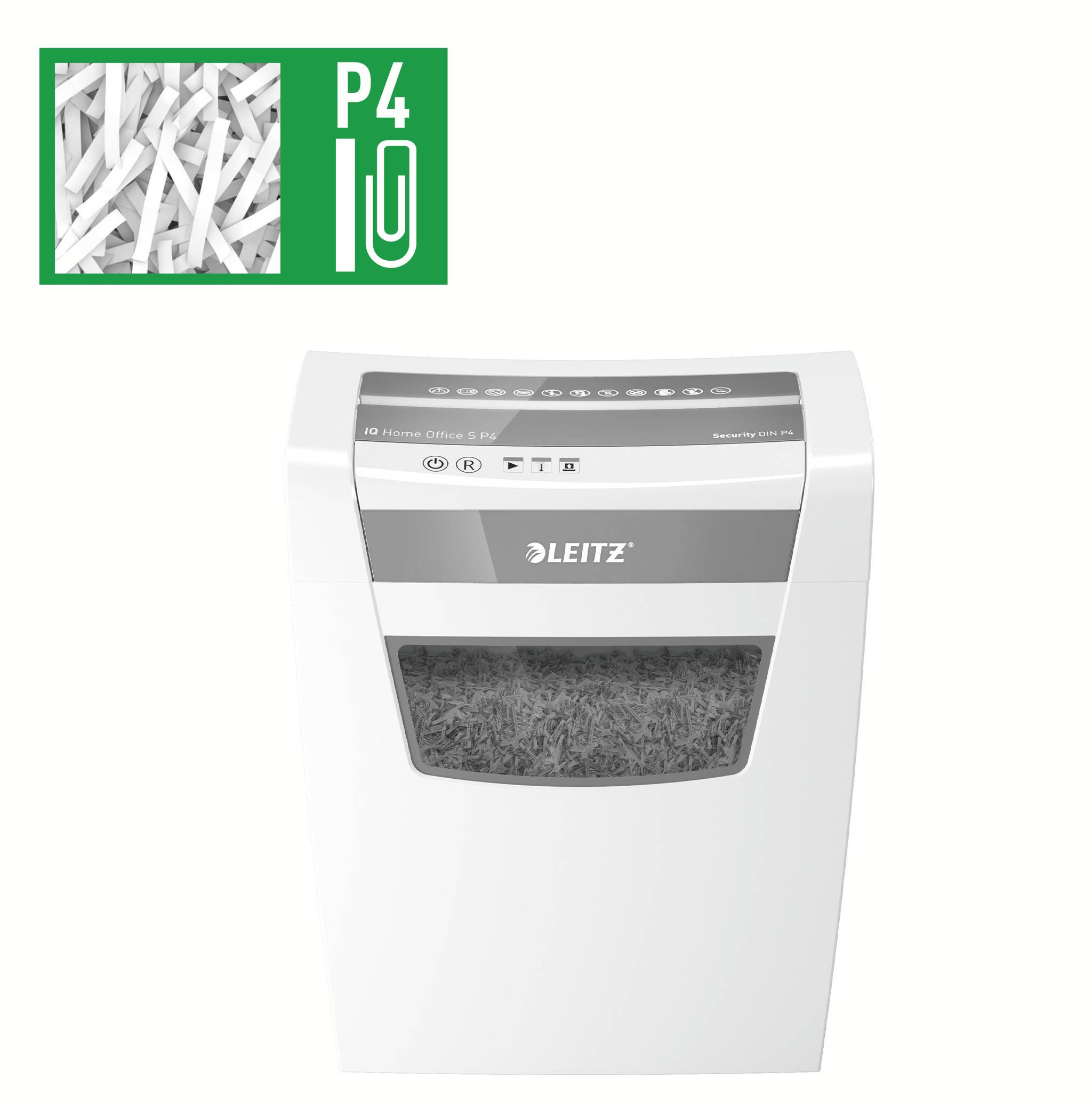 White Leitz paper shredder with viewing window and P4 security level, showing shredded paper strips in close-up.