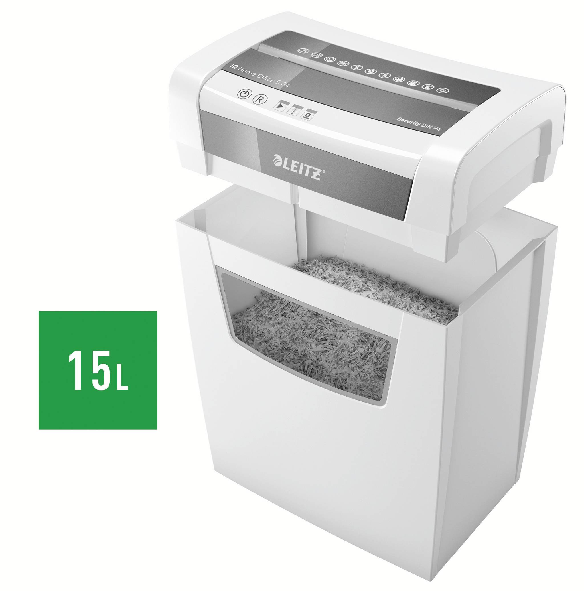 'Leitz' Paper Shredder with transparent 15L collection bin, showing shredded paper. Suitable for office or home use.