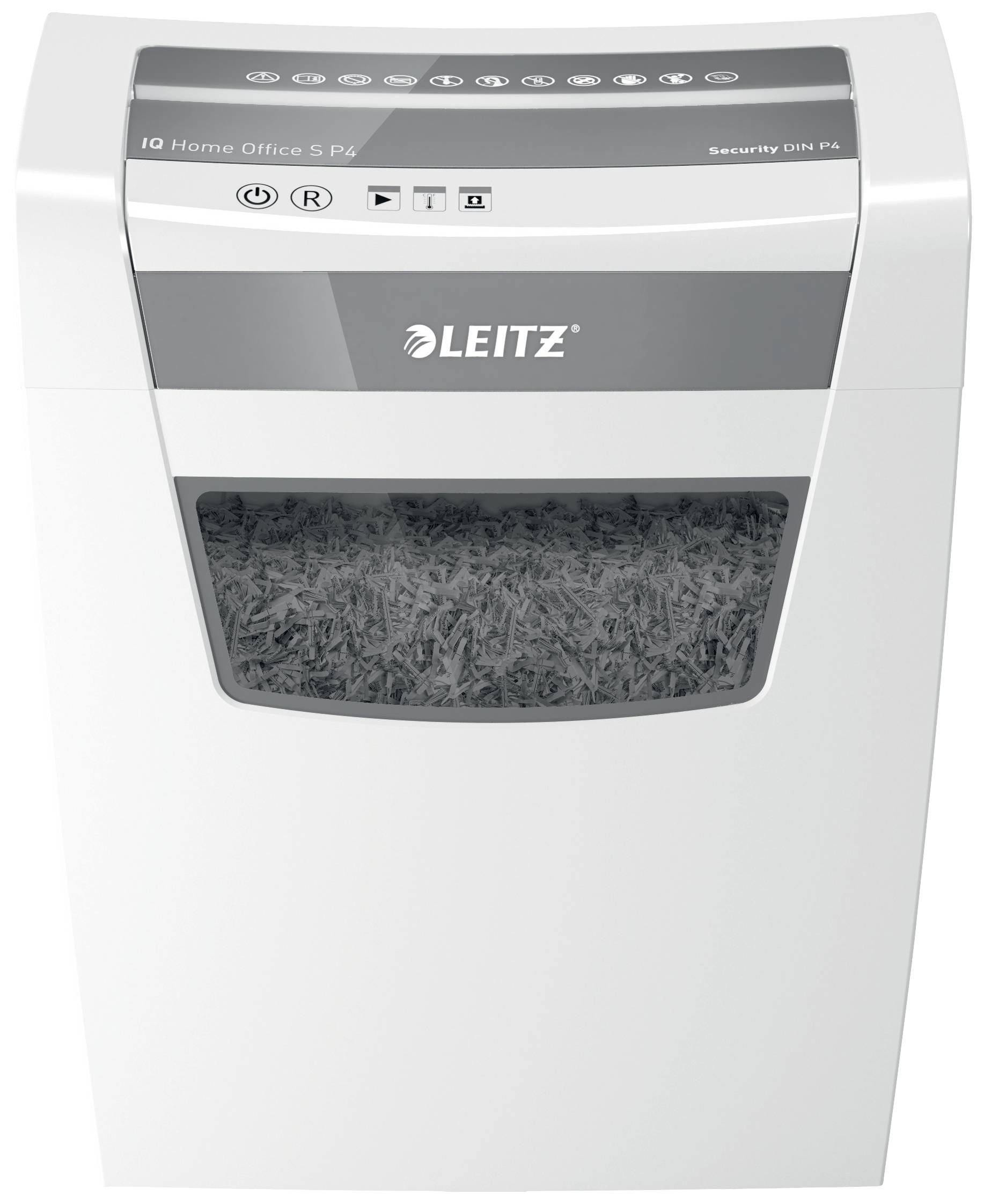 A white Leitz paper shredder with a viewing window, filled with shredded paper. Operating buttons are located at the top.
