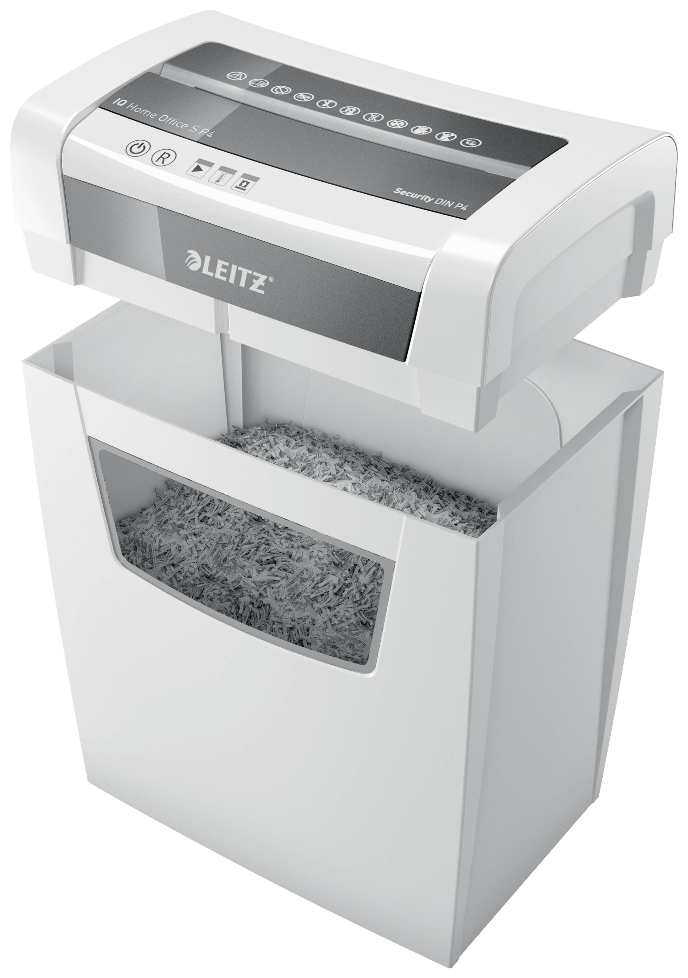 A white paper shredder by Leitz with a full collection bin for shredded paper, suitable for office use.