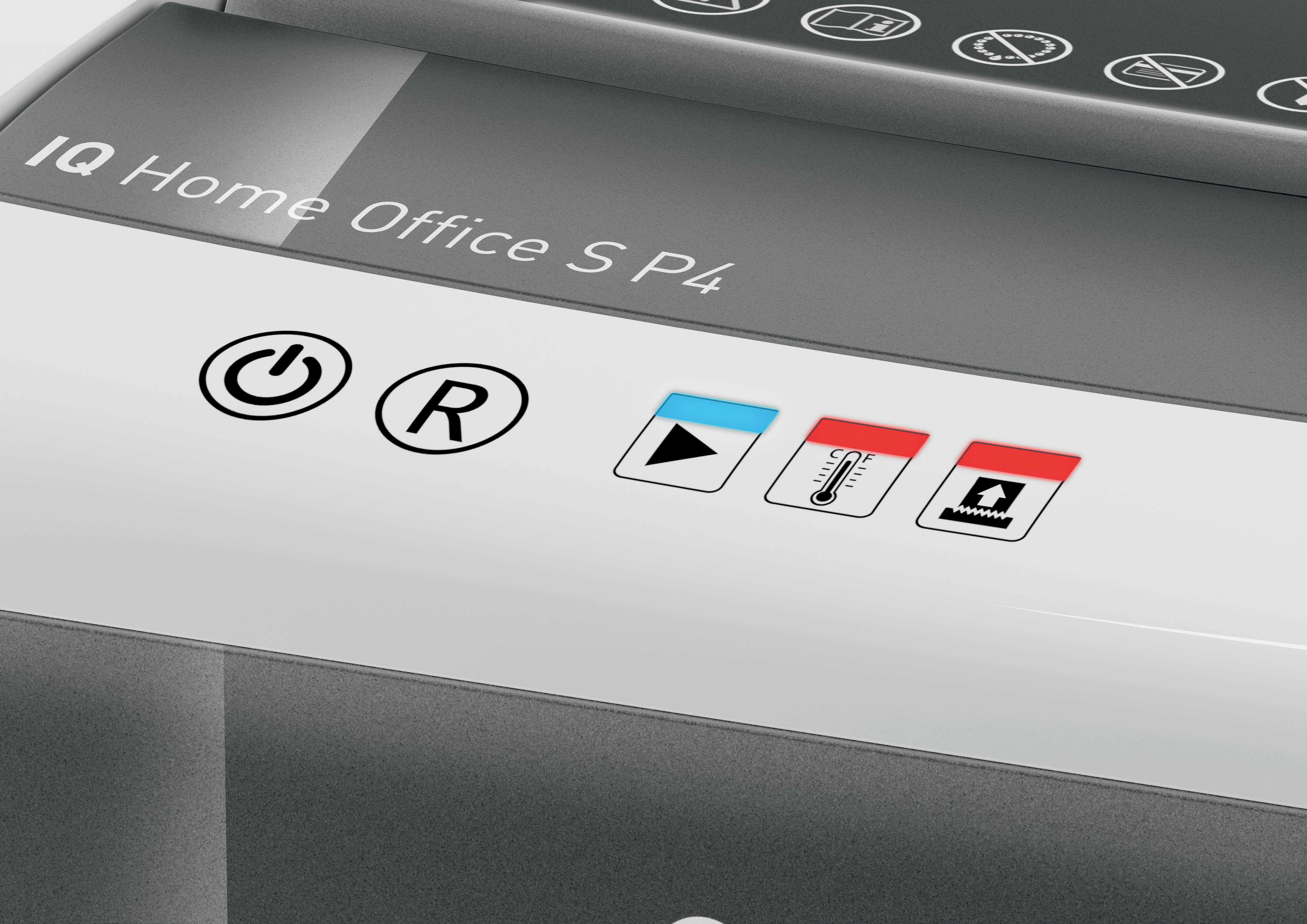 The image depicts the control panel of a paper shredder with symbols for On/Off, Reverse, and two additional coloured control buttons.