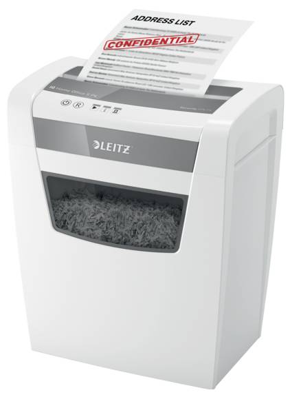 A white paper shredder is destroying a document with the text 'Address List' and 'Confidential'. The document is being cut into strips.