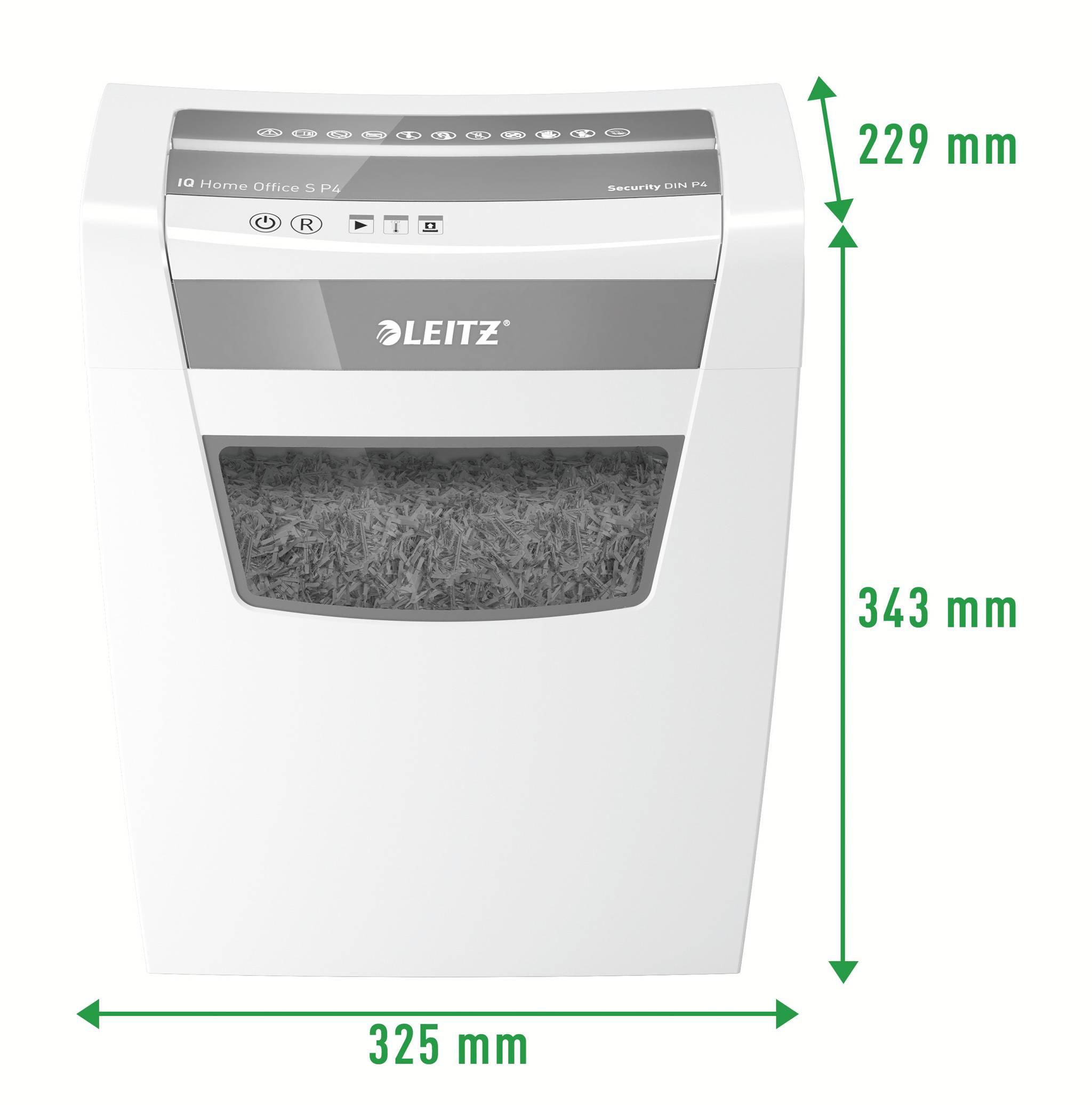 Leitz paper shredder with dimensions of 325 mm width, 343 mm height, 229 mm depth. Transparent section reveals shredded paper.