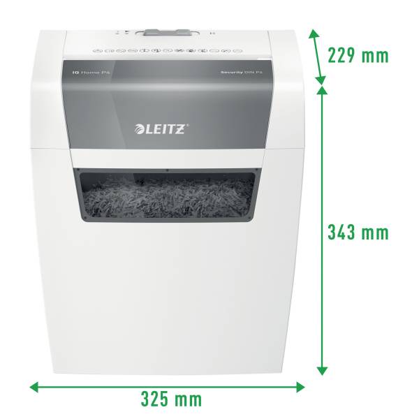 'Leitz paper shredder with dimensions of 229 mm height, 325 mm width, 343 mm depth. Shows shredded paper in the collection bin.'