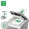 A paper shredder cuts up paper. Green icons indicate 10 minutes of runtime, security level P4, with credit card and staple destruction capabilities.