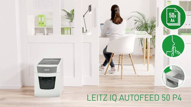 A woman is working at her desk. A paper shredder from the brand 'Leitz IQ Autofeed 50 P4' is prominently positioned in the foreground.