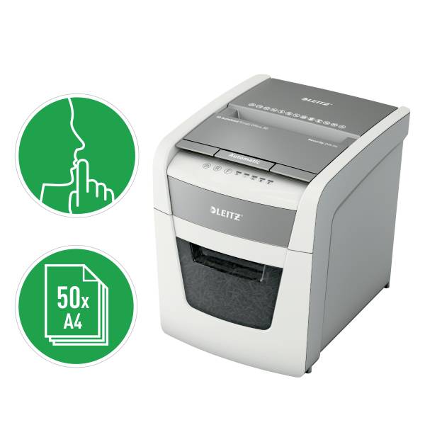 A Leitz paper shredder with symbols indicating quiet operation and a capacity of 50 A4 sheets.