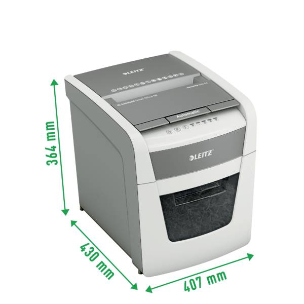 A Leitz paper shredder, IQ Office model, in grey and white. Dimensions: 364 mm x 430 mm x 407 mm. Suitable for the office.
