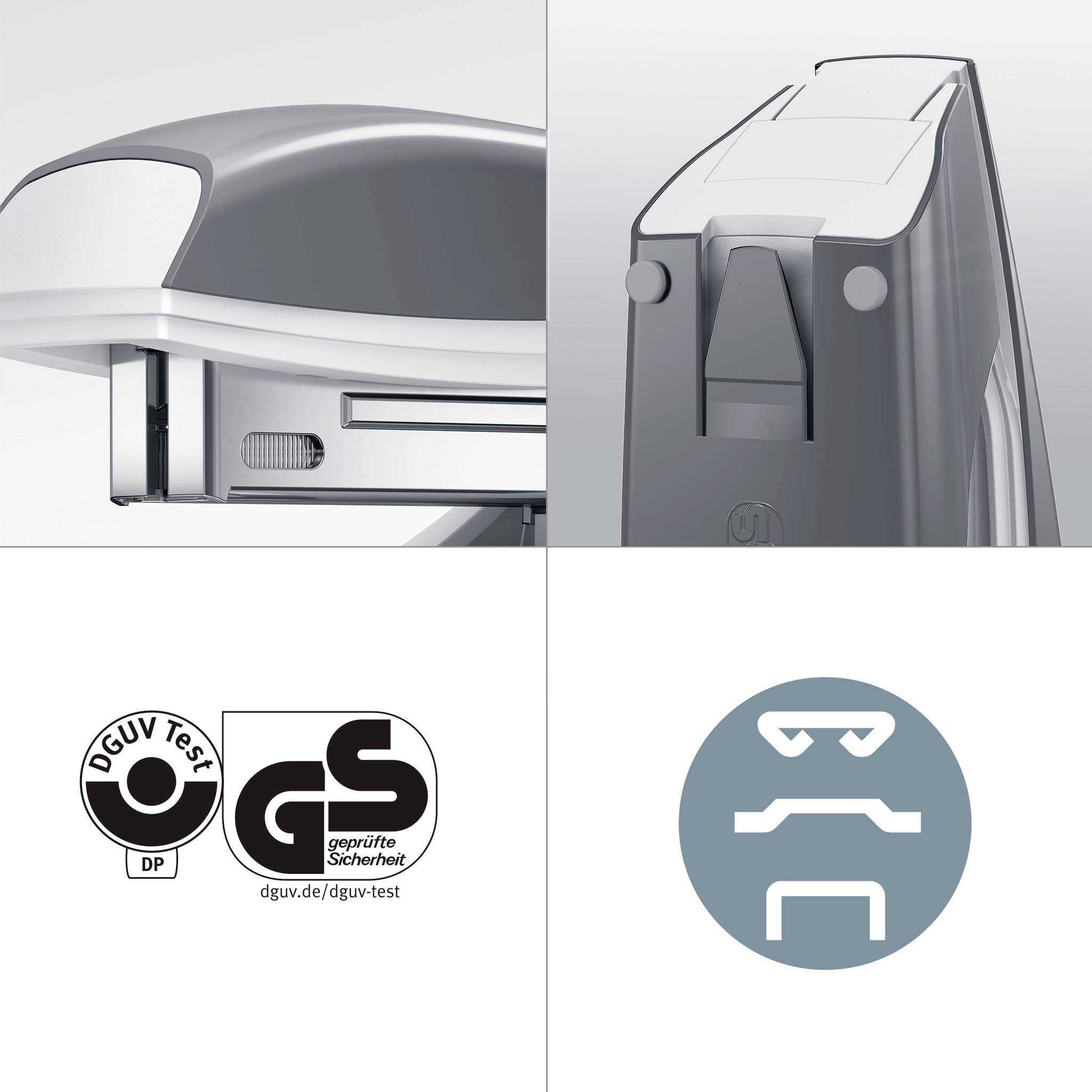 DGUV Test certified safety, grey file shredder with security lock. Logo of the German testing centre in the bottom left.