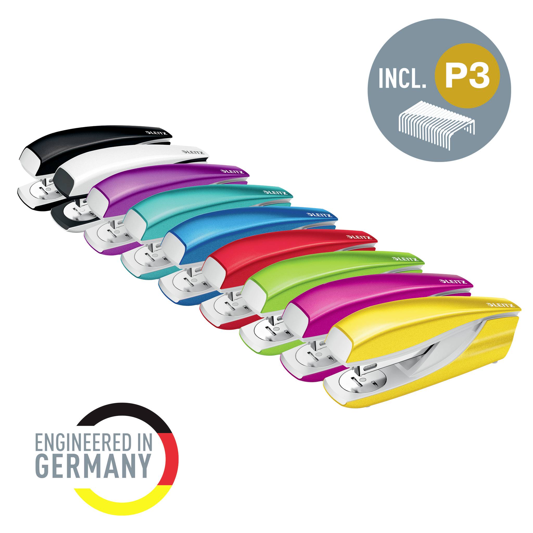 A range of stapling devices in various colours, including yellow, green and blue. Labelling: 'Engineered in Germany'. Contains P3 type staples.