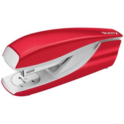 Red Leitz stapler, opened and ready to staple, on a white background.