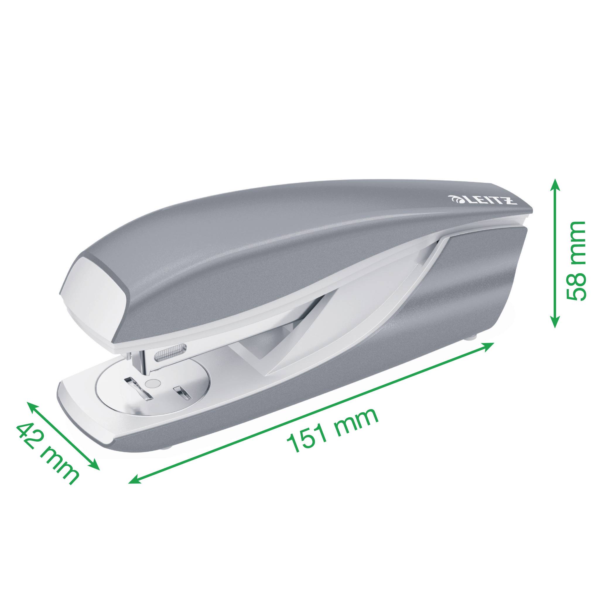 Grey stapler with dimensions 151 mm length, 58 mm height, 42 mm width.