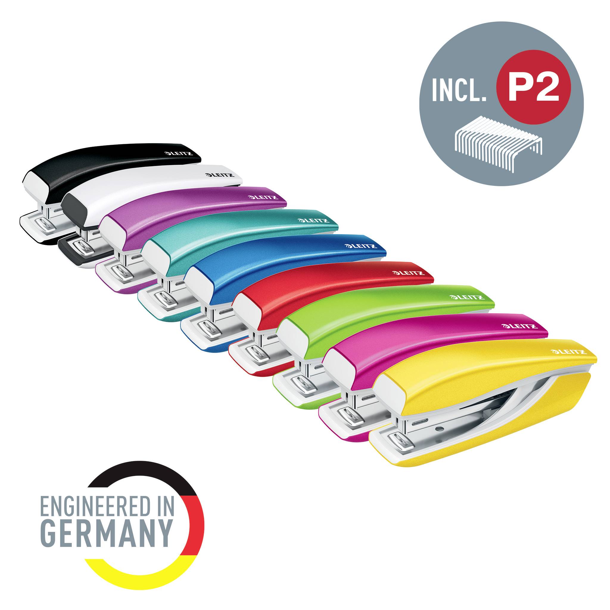 A colourful row of stapling devices with the inscription 'Engineered in Germany'. Stapler clips are included in the set.