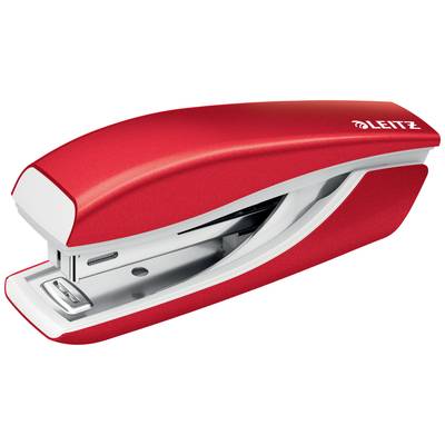 Red Leitz hole punch, ergonomic design, side-opening for inserting staples.