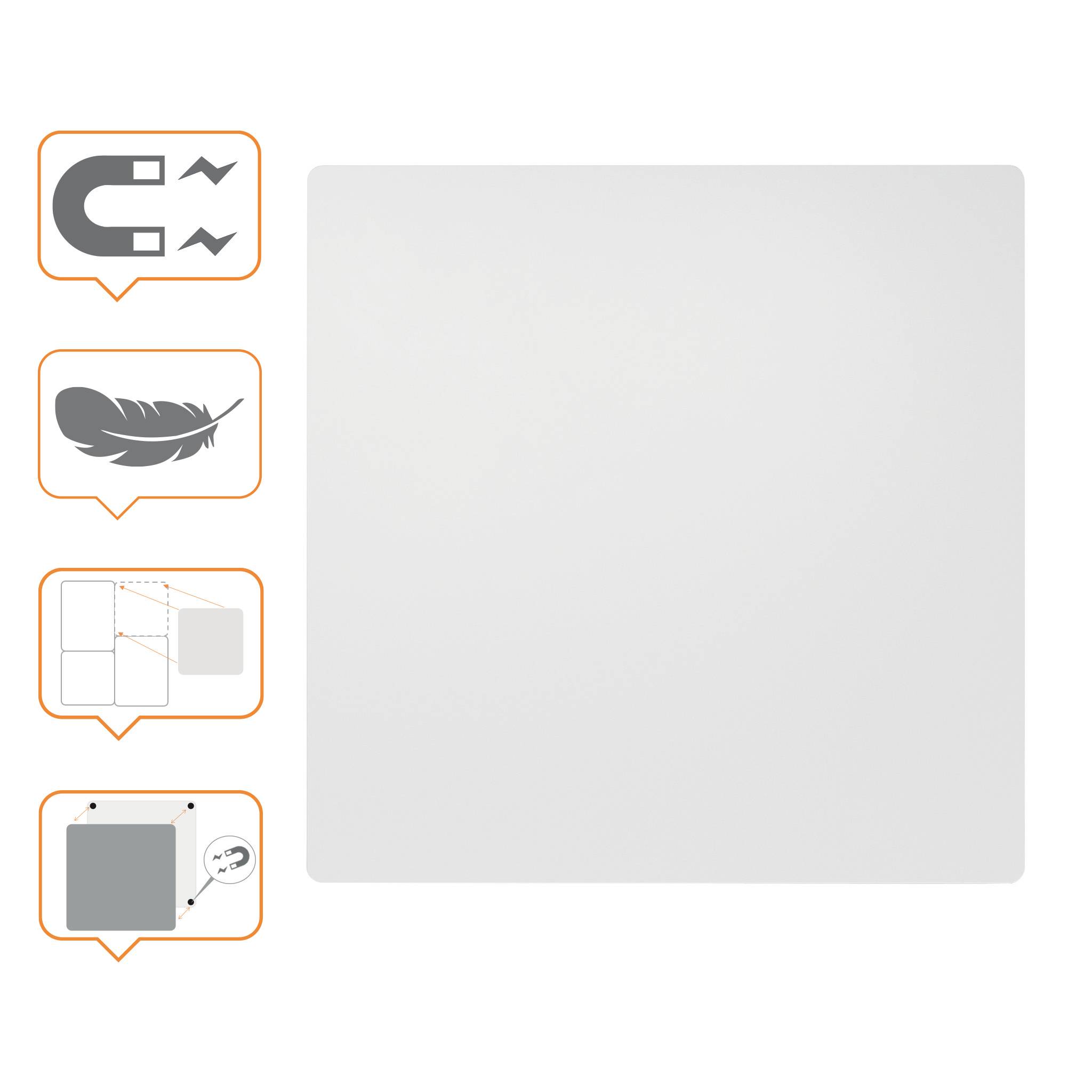 Rectangular white magnetic board with symbols indicating magnetic functionality, lightweight construction, modular design, and pen holder.