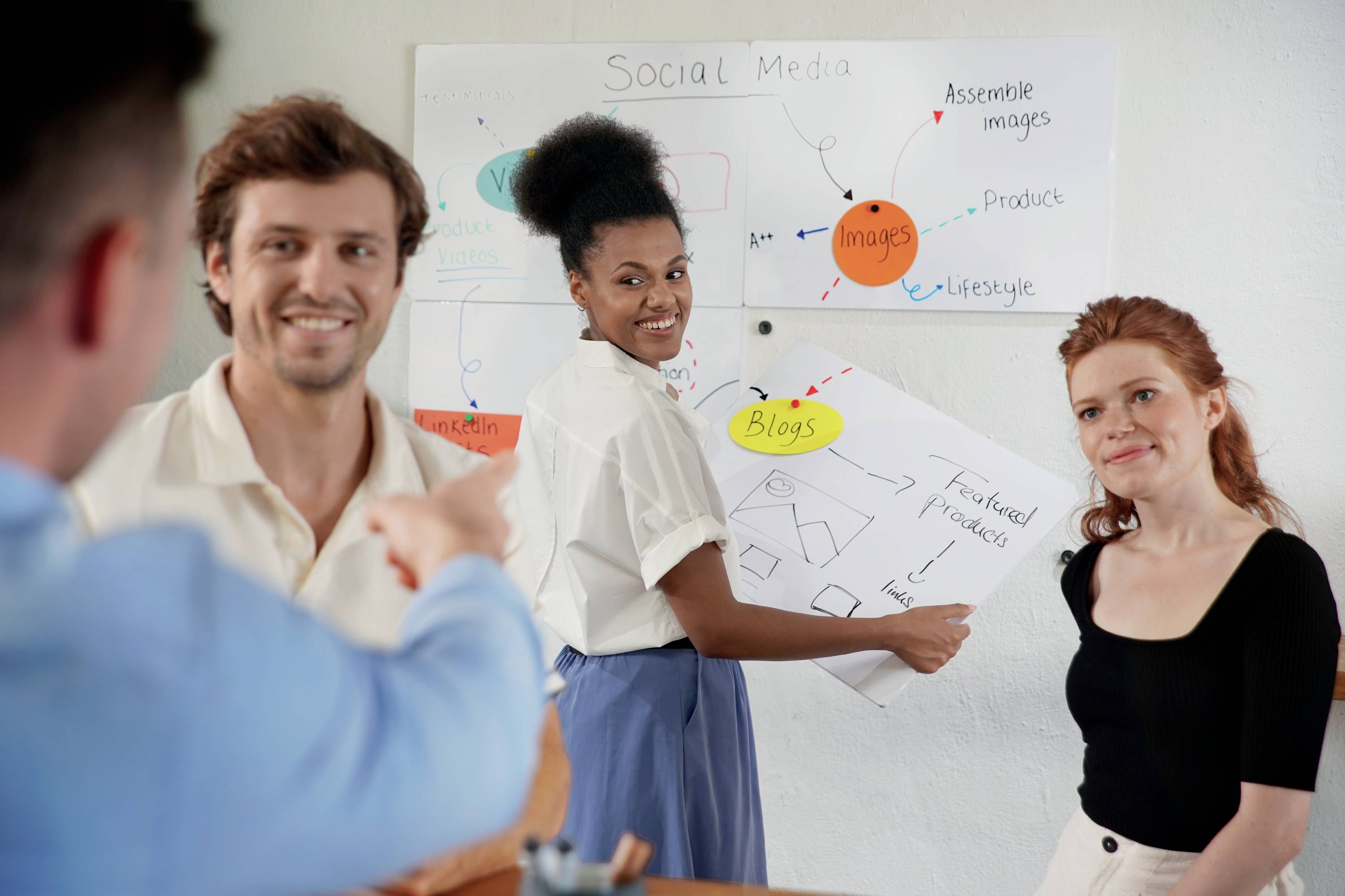 A group of four people are discussing social media in front of a whiteboard. Two people are holding diagrams and looking towards the camera.