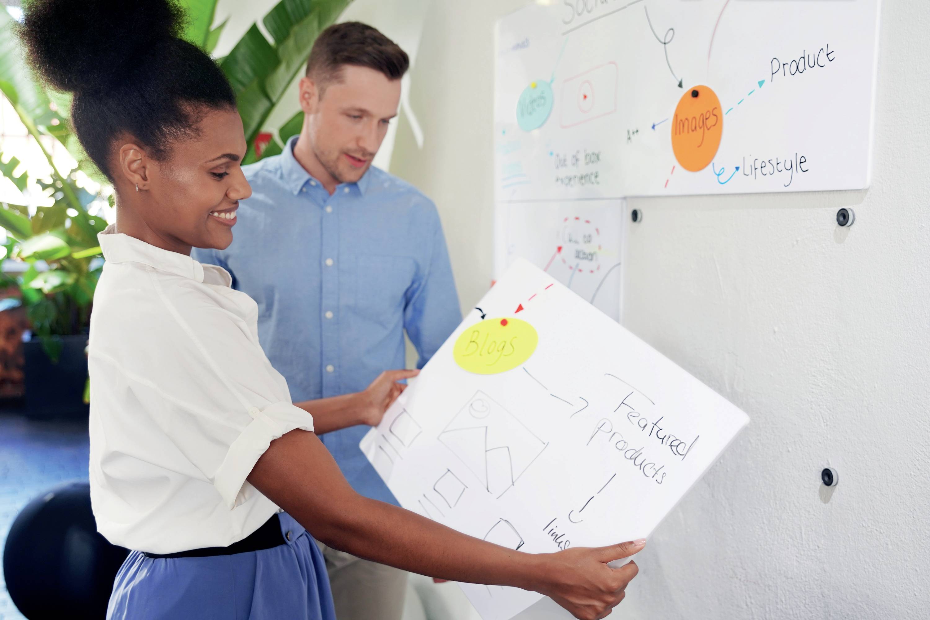 A woman is showing a man a poster with diagrams and notes. They are discussing a project. Plants are in the background.
